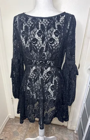 Free People Ruby Black Lace Mini Dress – Whimsigoth Boho Statement Sleeves Sz S thumbnail 1