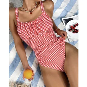 Women’s Gingham One Piece Swim Suit Red M New thumbnail 4