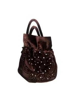 Rich Brown Velvet Drawstring Bucket Bag Ornate Tonal Paisley Rhinestones thumbnail 2