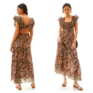 HOUSE OF HARLOW 1960 Boho Floral Open Tie Back Maxi Ruffle‎ Dress Cotton Medium thumbnail 2