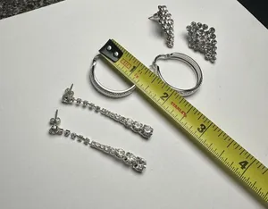 Sparkly Clear Rhinestone Pierced Earrings Lot Of 3 Dangle Hoop Stud Silver Tone thumbnail 6