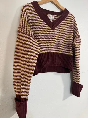 Pink Republic Striped V-Neck Sweater in Burgundy, Cream & Mustard cropped thumbnail 3