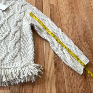 Cream Cable Knit Fringe Sweater Womens Small Cozy Coastal Grandma Quiet Luxury thumbnail 6