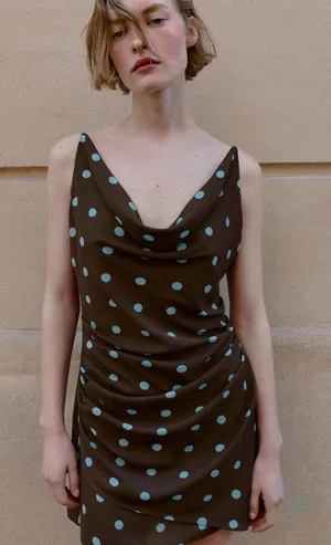 Zara Brown Mini Dress with Blue Polka Dots thumbnail 1