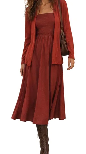 Vintage 70s Rust Orange Red Square Neck Midi Dress & Cardigan Set Boho thumbnail 1