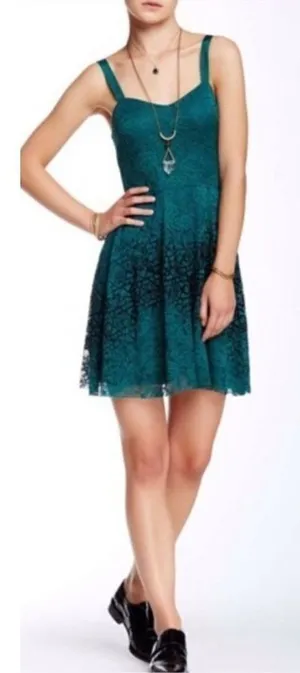 Free People Strap Mini Flare‎ Dress Green Floral Lace Black Velvety Detail thumbnail 1