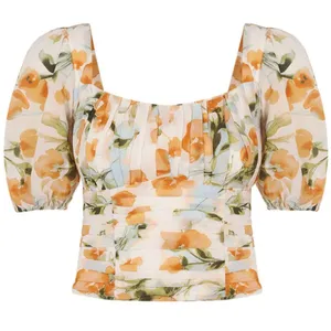 Abercrombie‎ & Fitch Floral Cropped Puff Sleeve Smocked Blouse Size M thumbnail 1