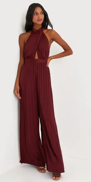Lulus Confident Impression Burgundy Satin Pleated Halter Jumpsuit Small NWT thumbnail 1