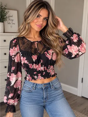 Free People Midnight Floral Lace Smocked Crop Top XS NWT thumbnail 1