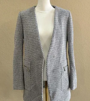 Zara Navy & Ecru Long Jacquard Blazer Jacket With Zipped Pockets Sz M Career Euc thumbnail 5