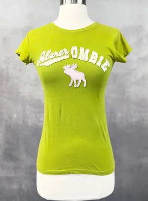 Vintage Abercrombie Baby Tee Women Small Green Stretch Indie 3D Moose Y2K‎ thumbnail 1
