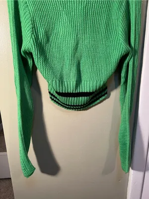 Women’s Size XL V-Neck Cut Out Sweater Green Black Stripes Ribbed Long Sleeve thumbnail 7