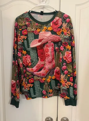 SHEIN Dark Green Sweatshirt with Pink Floral Cowboy Boot Graphic New! thumbnail 1