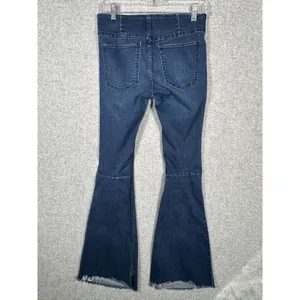 Free‎ People Jeans 27 Womens Blue Pull On Flare Stretch Denim Rough Hem Hippie thumbnail 2