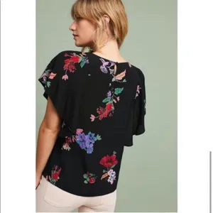 Anthropologie Maeve Prato Flutter Sleeve Black Floral Tunic thumbnail 2