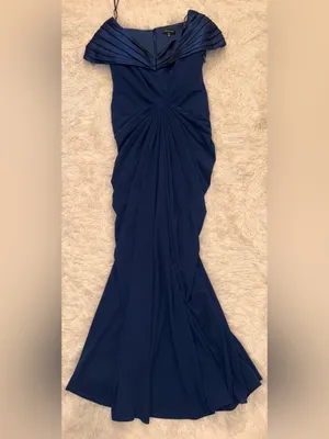 NEW Tadashi Shoji Seraphine Pleated Portrait Collar navy blue Gown Sz 14 thumbnail 7