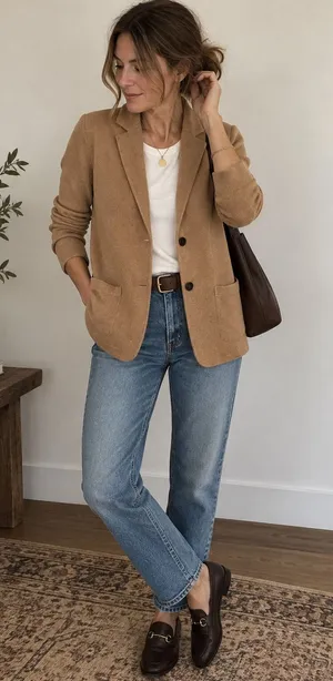 Crew Camel Cotton Sweater Blazer Patch Pockets Women's M Tan Size M thumbnail 1