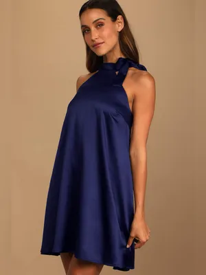 Lulus Headed Out Tonight Navy Blue Satin Halter Swing Dress Size Medium NWT thumbnail 3