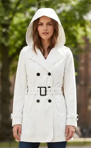 ESPRIT Hooded Double Breasted Trench Coat with Belt M 20” p2p White EUC thumbnail 1