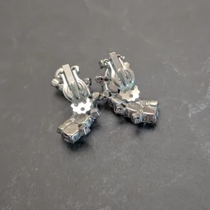 Vintage Clip On Earrings Large Curved Silver Tone & Clear Gems - Statement Glam thumbnail 8