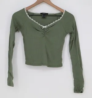 Forever 21 Top Womens S Cropped Sage Green Lace Trim Pointelle Excellent thumbnail 1