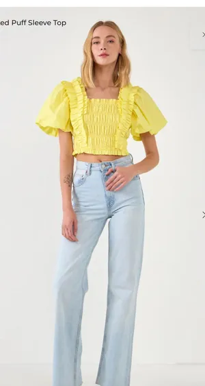 Smocked Puff Sleeve Top in Yellow thumbnail 1