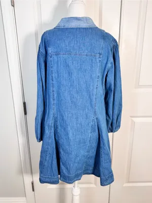 Free People Get Free Denim Mini Dress S Godet Swing Puff Sleeve Pockets Cotton thumbnail 3