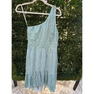 Audrey Parks Francescas One‎ Shoulder Striped Ruffle Mini Dress Sage Green White thumbnail 3