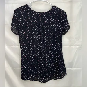 NWOT‎ Croft & Barrow women’s black pink print v-neck sheer relaxed blouse medium thumbnail 6