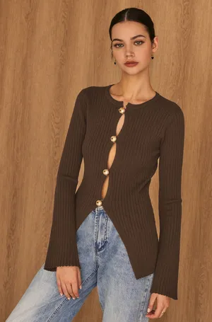 Commense Old Money Minimalist Golden Button Chocolate Brown Split Knit Top M thumbnail 1