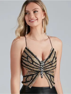Windsor Gold and Black Beaded Butterfly Crop Top thumbnail 1