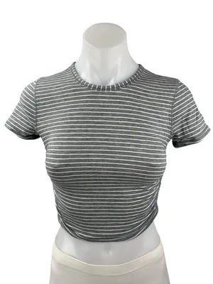 Lululemon All It Takes Gray Striped Ruched Short Sleeve Crop Tee T-shirt Top S thumbnail 1