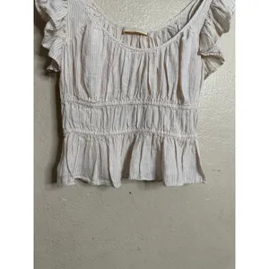 Ulla Johnson 100% Linen Ruffle Sleeve Smocked Peplum Top Ivory Stripe size 6 thumbnail 5