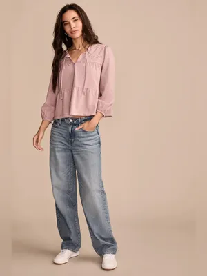 NWT Lucky Brand embroidered babydoll blouse top lavender tie front long sleeve thumbnail 10