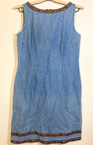 Vintage Denim Embroidered Beaded Trim Dress Size 8 thumbnail 1