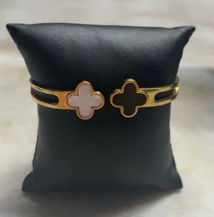 Gold stainless steel Clover Cuff Bracelet with Black and White Inlays thumbnail 1