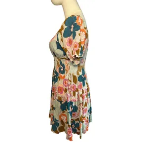Angie Floral Smocked Boho Mini Dress Medium Cottage Indie Retro Rayon Festival thumbnail 3