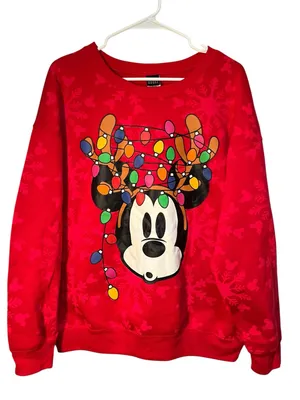 Disney Mickey Mouse Sweatshirt Red‎ Reindeer Tangled Lights Christmas XL 15-17 thumbnail 1