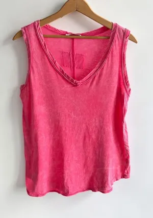 Zenana Women Hot Pink Acid Wash V-Neck‎ Tank Top Sleeveless Mineral Wash Small thumbnail 1