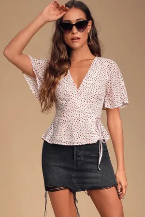Lulus White & Red Polka Dot Wrap Top thumbnail 1