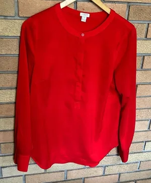 J Crew Red Poppy Blouse Drapey Crepe Henley Tunic Long Sleeve Top Women’s Size S thumbnail 1
