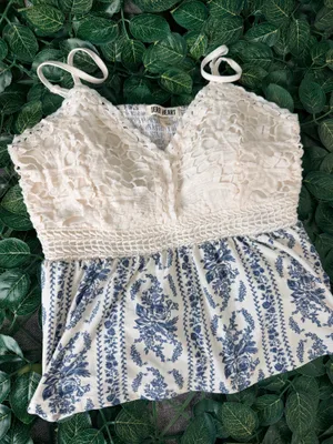 & Other Stories Crochet Lace Bodice Dress with Blue Floral Skirt - Blue and White thumbnail 3