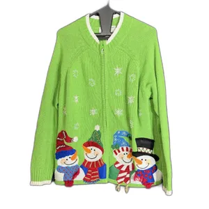 Tiara International Womens Size Large Christmas Cardigan Green Snowman Beaded thumbnail 2