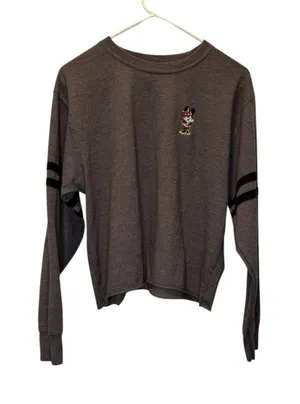 Disney Embroidered Women's Mickey Mouse Crop Top Gray Long Sleeve Shirt Size L thumbnail 1