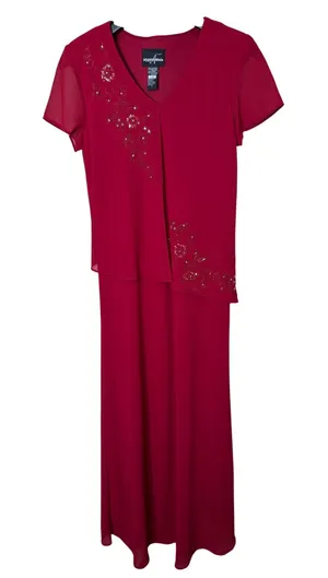 Positive Attitude Red Beaded Floral Embroidered Layered‎ Maxi Dress Size 6 thumbnail 1
