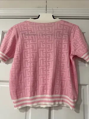 Women’s Pink Short-Sleeve Knit Cardigan with White Trim Gold Buttons thumbnail 5