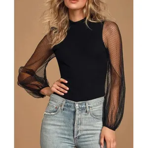 Lulu's Try To Keep Up Black Balloon Mesh Sleeve Mock Neck Top Medium thumbnail 2