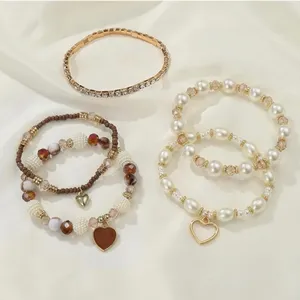 Boho Pearl & Crystal Heart Charm Bracelet Stack (5 Pieces) Gold thumbnail 6