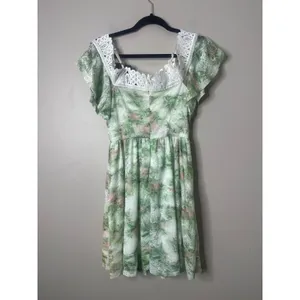 DISNEY Dress Juniors Small Green Lace Overlay‎ Fairy Whimsy Cottagecore Straps thumbnail 5