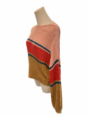Billabong Size Large Open Knit Colorblock Lightweight Sweater Pink Rust Tan thumbnail 2